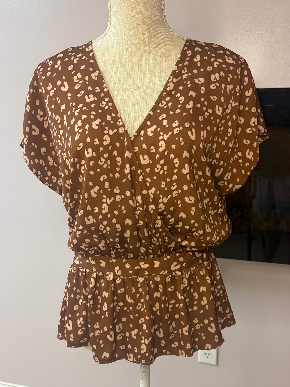 Nine West Brown and Cream Leopard-Print Peplum Top